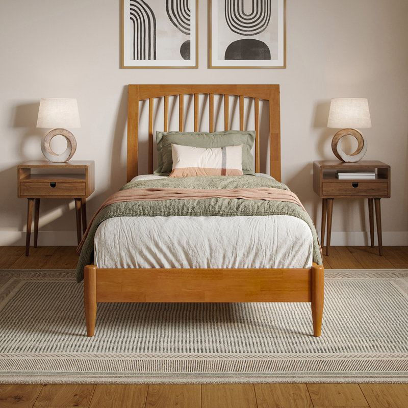Ambie Low Profile Solid Wood Slatted Spindle Sleigh Bed, Twin XL, Light Toffee