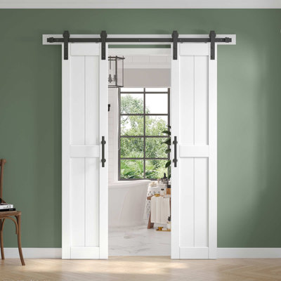Paneled Manufactured Wood Double Barn Door with Installation Hardware Kit