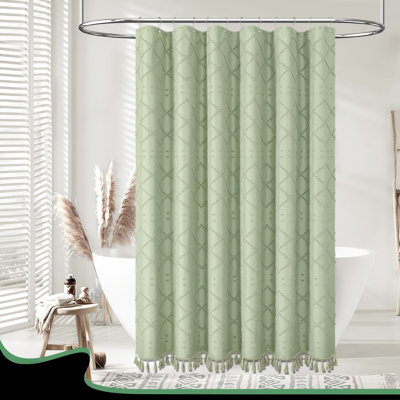 Rideau de douche en tissu vert sauge, rideau de douche boho touffeté à rayures géométriques pour salle de bain, ensemble de rideau de douche en tissu imperméable de style campagne moderne et chic, sans plis, 72 x 72
