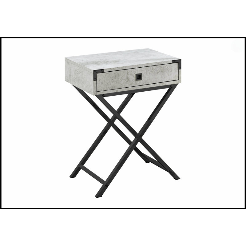 Table d'appoint contemporaine en stratifié gris avec tiroir de rangement et pieds en X en métal noir, pour le salon et la chambre à coucher
