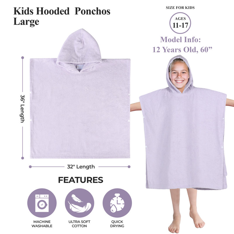 Extli Cotton Terry Cloth Above Knee Kids Unisex Bath Towels with Pockets and Hood, S/M, Lilac