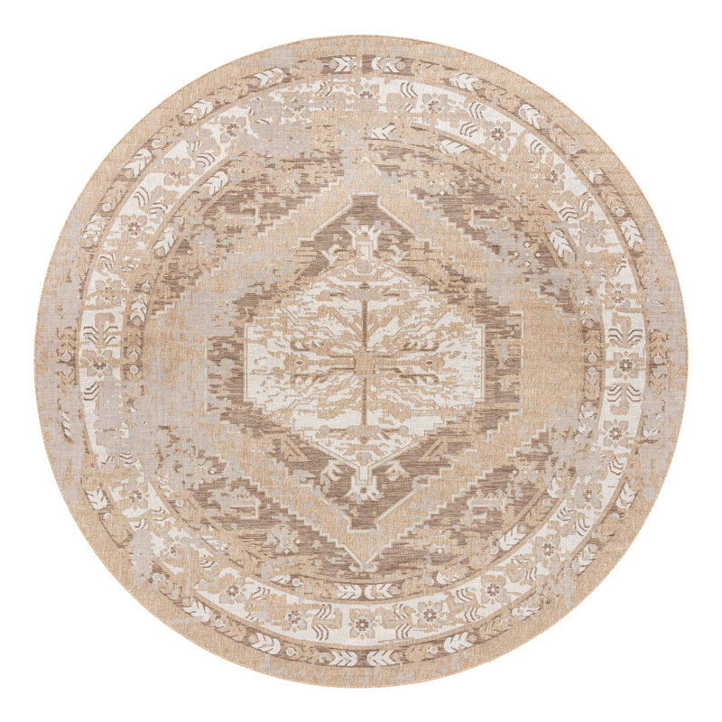 Oriental Machine Woven Polypropylene Indoor / Outdoor Area Rug in Natural, Round 13'1"