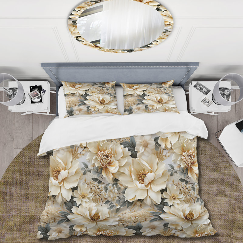 Ethereal Serenity Peonies Boho Pattern Floral Duvet Cover, King Duvet Cover + 2 King Shams