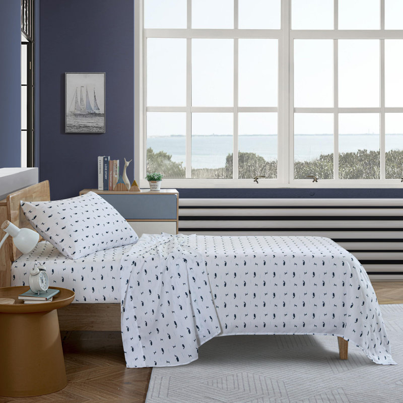 Nautica Kids Printed Cozy Sheet Set, Twin Sheet Set with 1 Pillowcase, Caspian Whales Navy