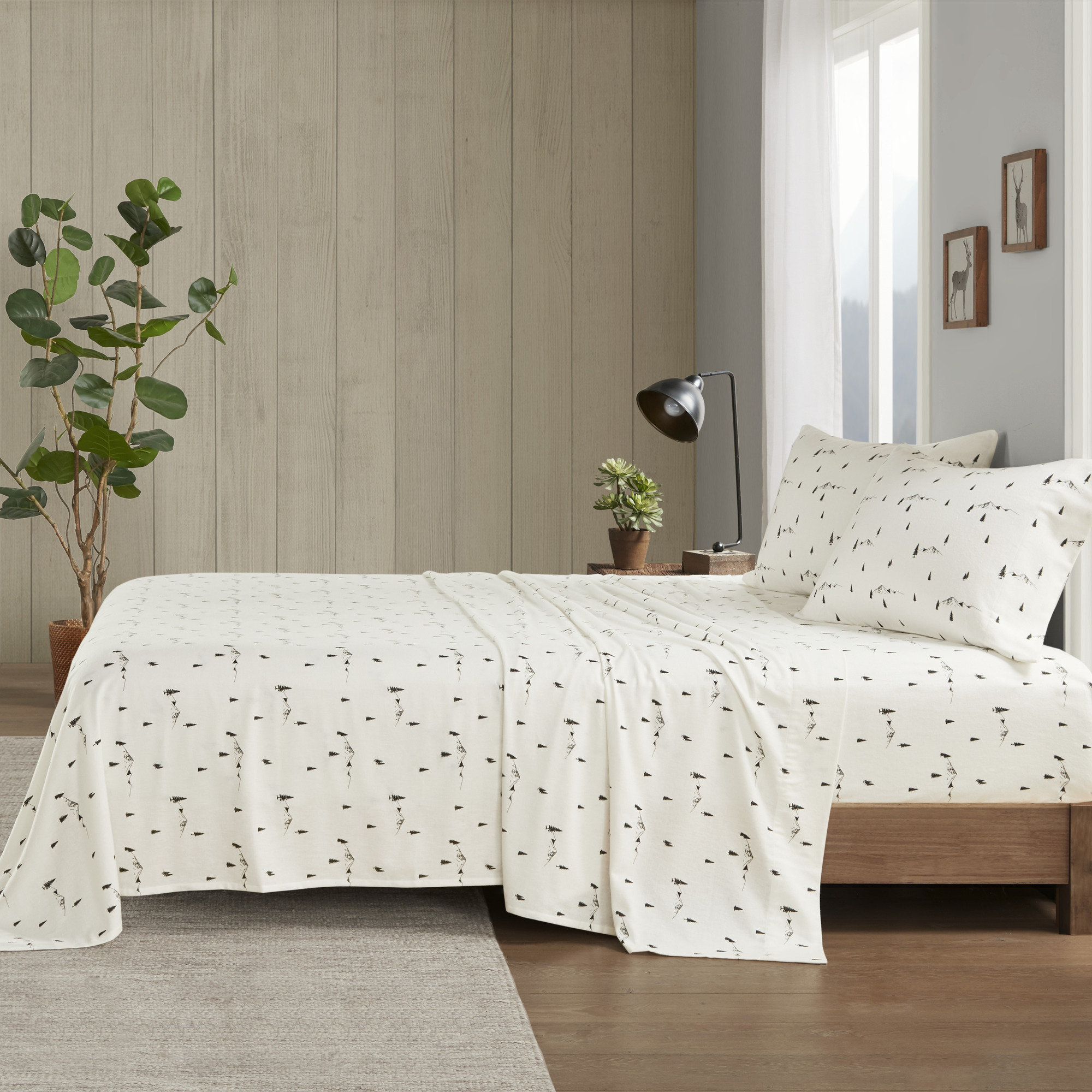 Woolrich 100% Cotton Flannel Sheet Set, Black Pine Trees, California King Sheet Set with 2 Pillowcases