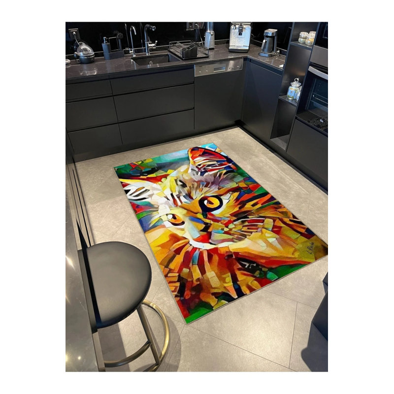 Multicolored Surrealist Design Abstract Cat Patterned Modern Decorative Carpet, Runner 3'4" x 9'11"