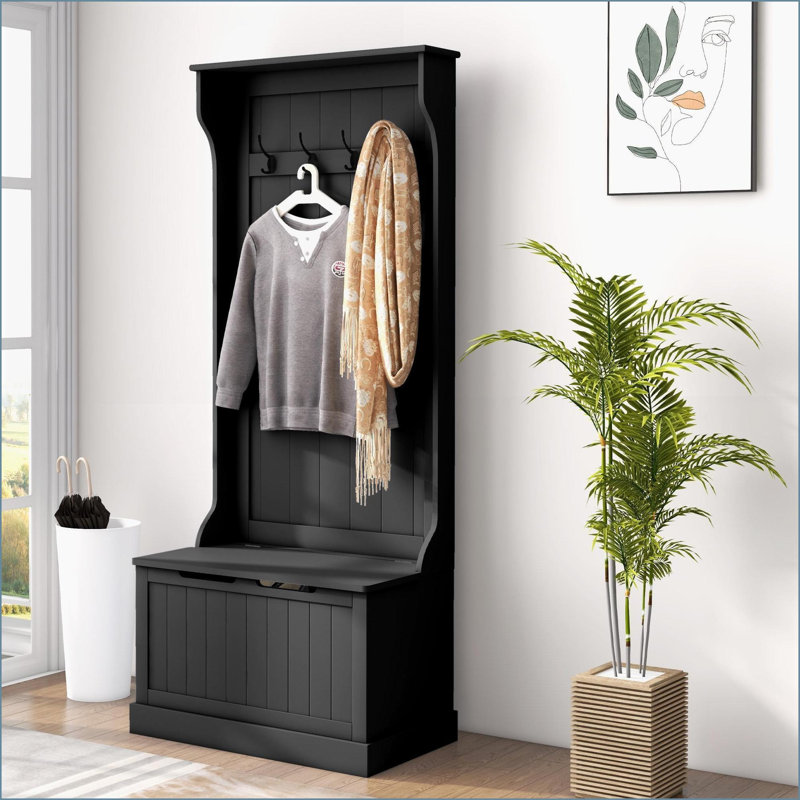 Coat Rack Hall Tree with Storage Bench, HOMCOM 3-In-1 Entryway Organizer with 4 Hooks &amp; Shoe Storage, Black | MDF, Black