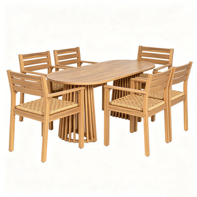 Markiyah Patio 6-Person Acacia Wood Dining Set With Woven Seats & Dual Slatted Pedestal Base