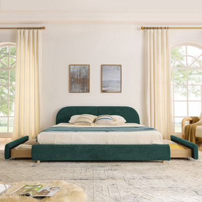 Queen Size Upholstered Bed Frame with Tall Curved Headboard, Sturdy Legs & Wheeled Drawer Storage - Beige