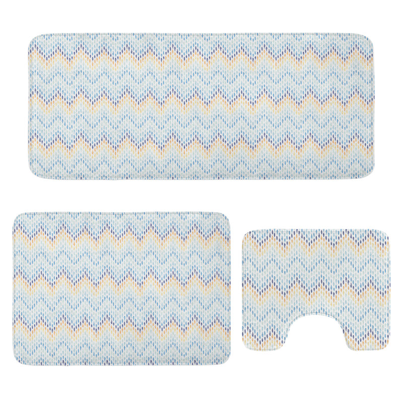  Wave Bathroom Rug Set 3 Pieces U-Shape & Rectangle Mats Sea Blue Multicolor