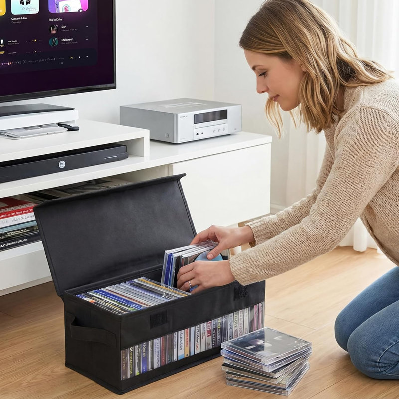 Boîte de rangement pour CD, étui pour CD avec couvercle à poignées et fenêtre transparente, boîte de rangement empilable pour CD pouvant contenir jusqu'à 32 CD dans des boîtiers en cristal (noir)