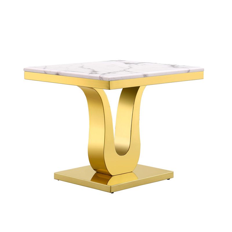 Gracianna Square Side Table with Metal U-Base, Gold, White