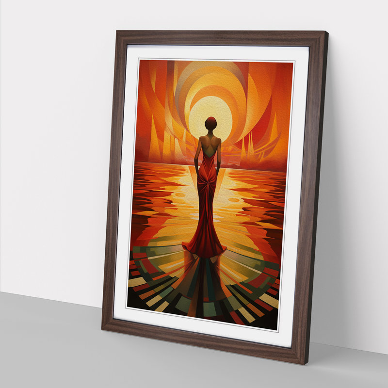 Sunset Art Deco - Single Picture Frame Print on Wood, Walnut, 34cm H x 25cm W x 2cm D
