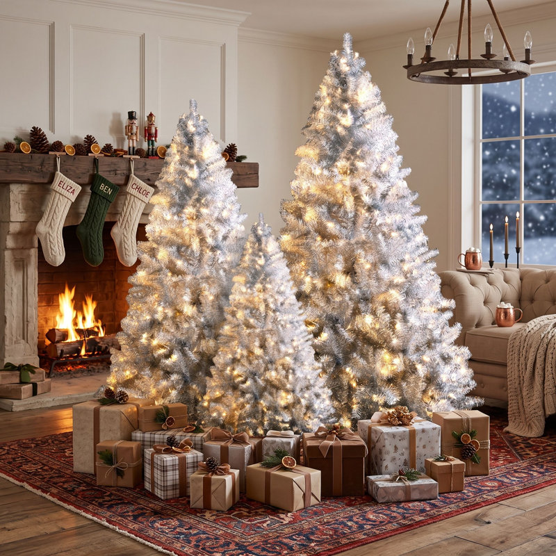 Ensemble de sapins de Noël artificiels argentés métallisés préilluminés, 3 sapins en PVC avec 11 modes d'éclairage et branches articulées.