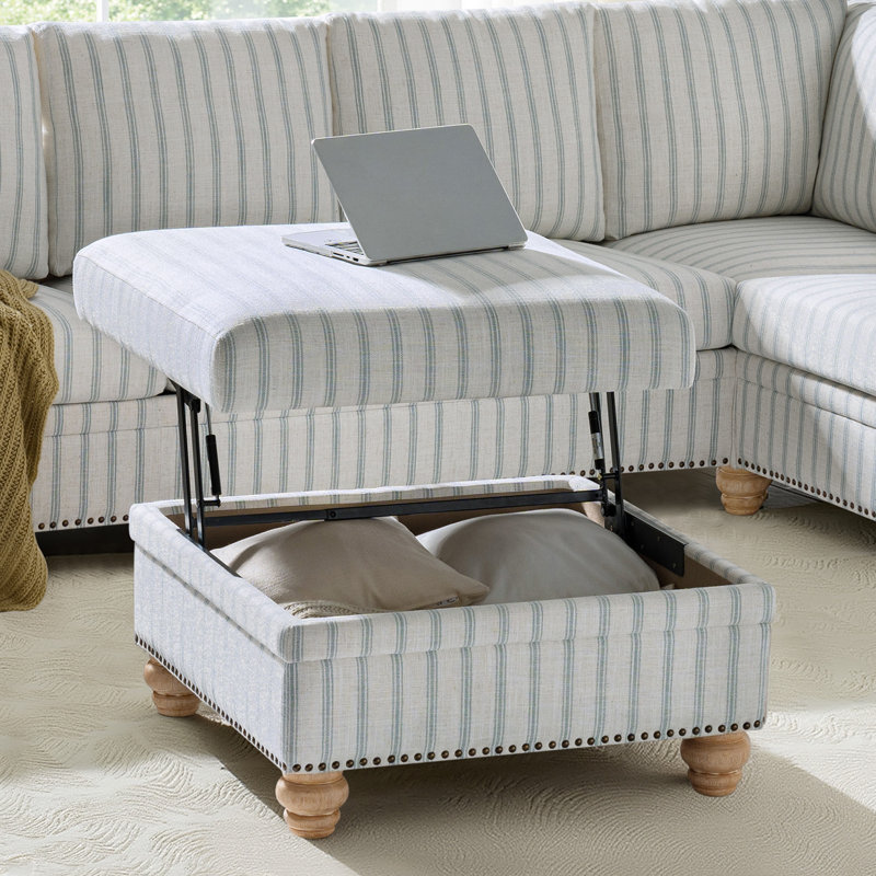 Laura Farmhouse Ottoman with Solid Wood Legs, Blue