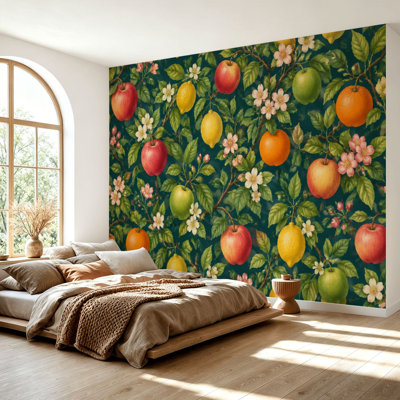 Wall Mural Peel and Stick Wallpaper Vintage Fruit Apples Lemons Oranges Blossoms Green Self-Adhesive Removable Contact Paper Wall Decor for Living Room Bedroom 69"H x 96"W
