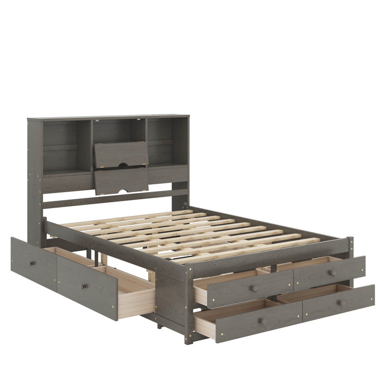 Grand lit plateforme avec tête de lit et tiroirs de rangement, Gris