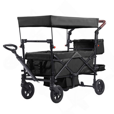 Poussette Wagon pour 2 enfants, poussette pliable à tirer avec poignée réglable, auvent amovible à harnais, 4 roues avec freins, poussette tandem multifonction pour le camping - noir
