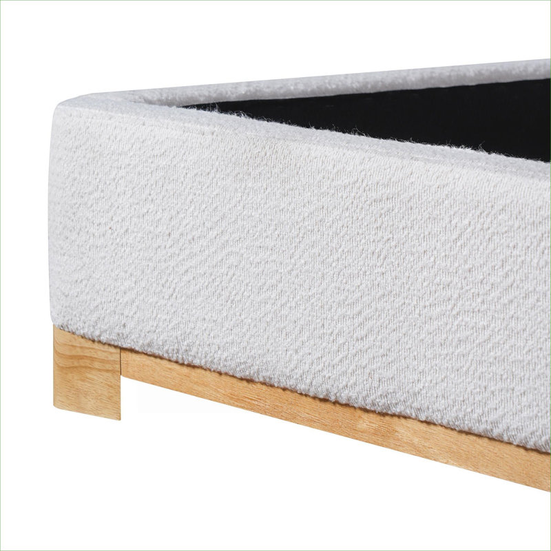 Très grand lit plateforme tapissier moderne avec tête de lit courbée, base en bois massif, aucun sommier tapissier requis, finition blanche