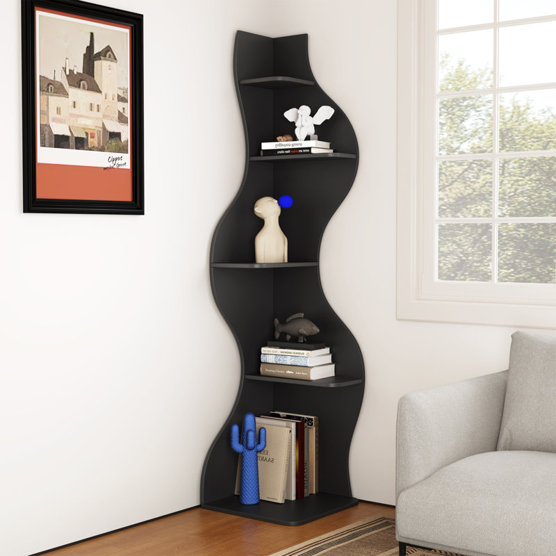 Bibliothèque d'angle, étagère murale moderne à 5 niveaux avec petit support de rangement ondulé pour petit espace, Noir
