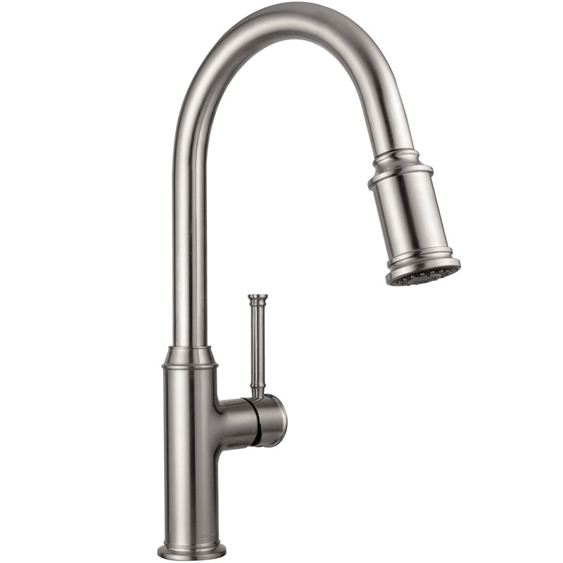 Robinet de cuisine rétractable à poignée simple avec accessoires, Nickel brossé