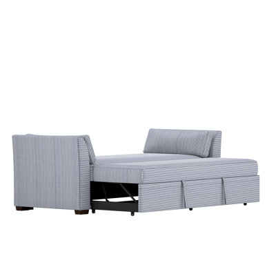 Camlett Upholstered Backless Twin Daybed with 2 Pillows, White with Blue Stripes