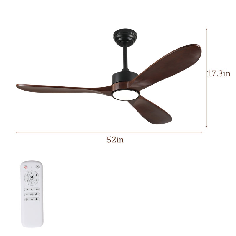 Ventilateur de plafond de 52 pouces avec 3 pales en bois massif avec moteur à courant continu réversible à 6 vitesses pour le salon.