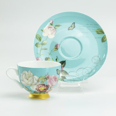 Bone China Aqua Butterfly Garden Demi Cup & Saucer Set, Set of 2