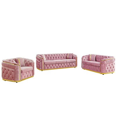 Ensemble de canapé Chesterfield de luxe 3 pièces en velours rose, canapé 3 places 84,6 ", causeuse 62,6" et canapé 1 place 40,6 "pour le salon avec décoration en acier inoxydable doré et 6 coussins, rose