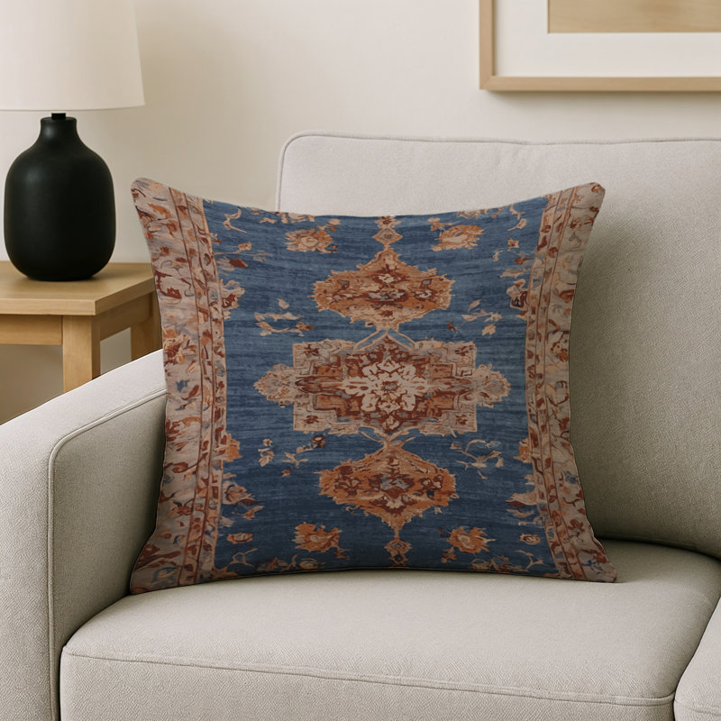 Coussin décoratif intérieur et extérieur Modern, Carré 16 po, Bleu marine / rouille / damas crème