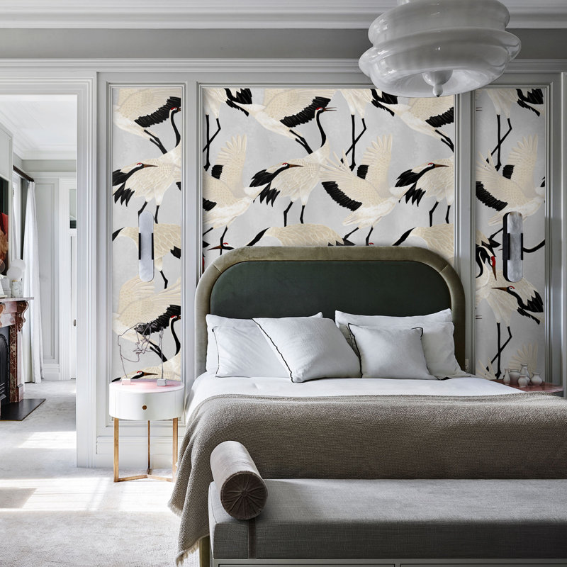 Grey Herons Chinoiserie Wallpaper Black and White