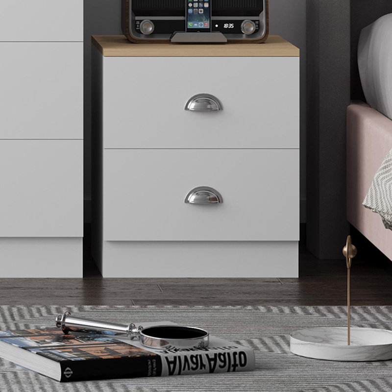 Grey Oak 2 Drawer Bedside Table, White