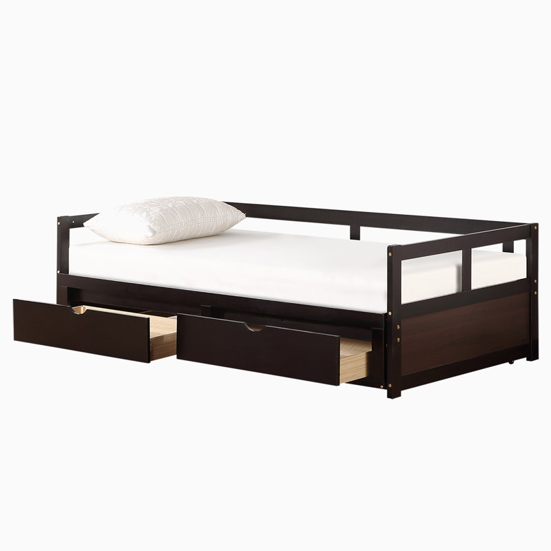 Pine Solid Wood Open-Frame Bed with Drawers, Espresso