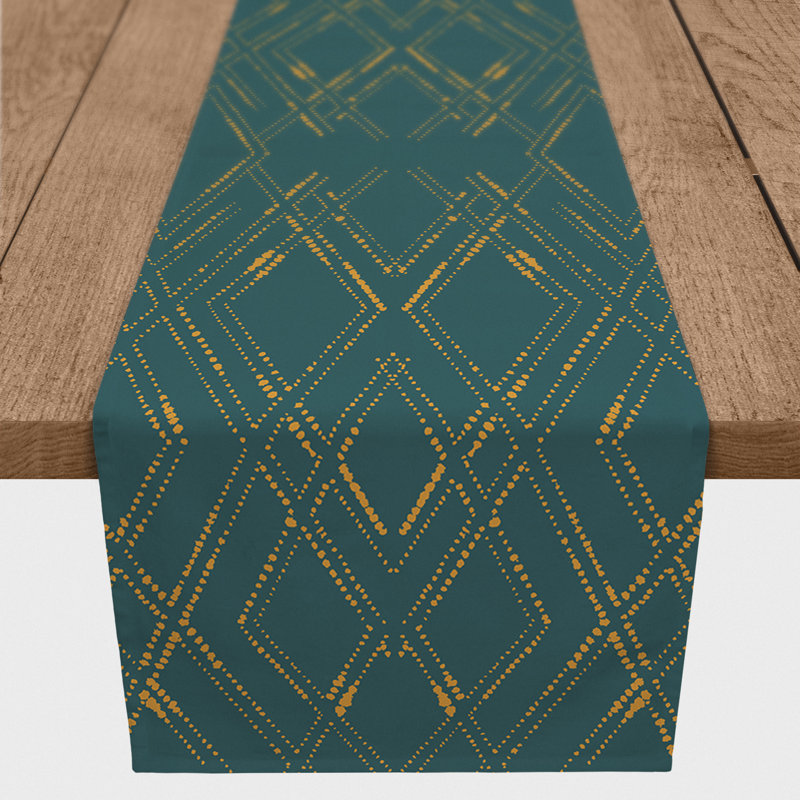 Araya Cotton Blend Table Runner, 72" L x 16" W, Blue/Gold