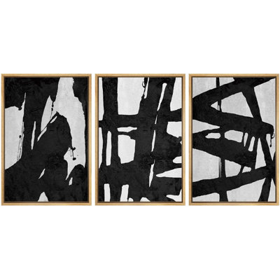 BAW "Black And White Grey Bold Brushstroke Artwork, Abstract Organic Modern Contemporary Wall Pictures, Framed Canvas Giclée Print 3 Pieces Wall Art