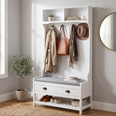 Hall Tree With Bench, Entryway Bench with Coat Rack, Mudroom Bench with Shoe Rack, 2 Storage Drawers, 4 Hooks