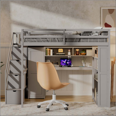 Bed Frame With Built-In Wardrobe, Study Desk, Storage Shelves &  Lights, Space-Saving Design For Bedroom