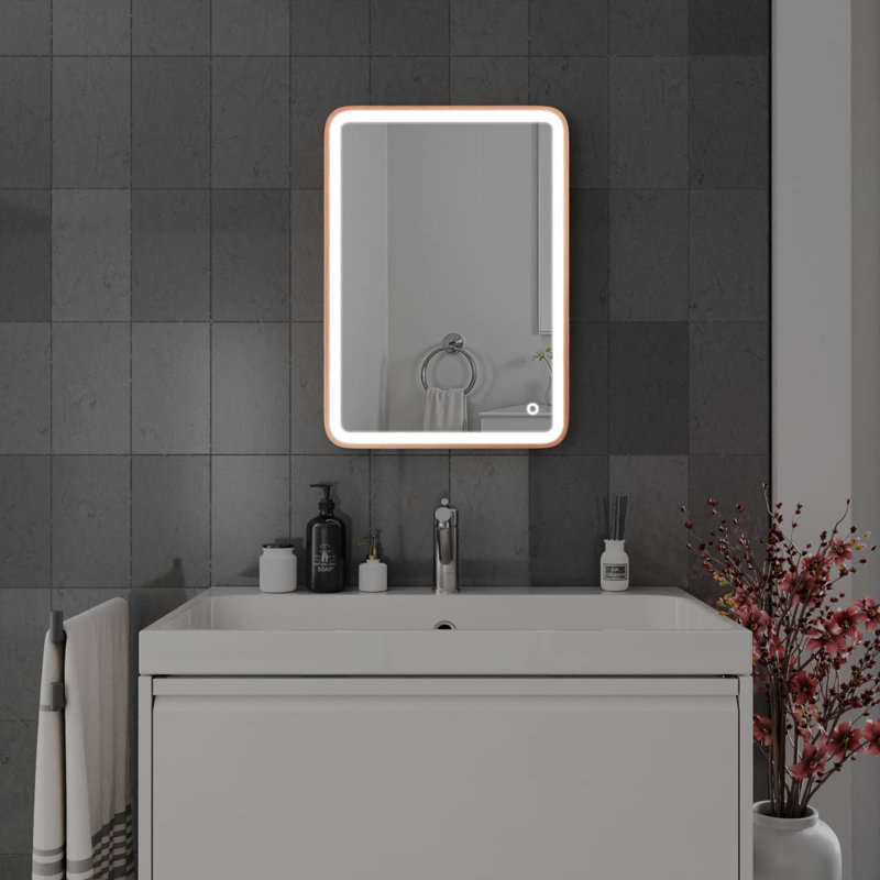 Rectangle LED Bathroom Mirror Fog Free Touch Sensor, 50 cm H x 70 cm W, Brushed Copper