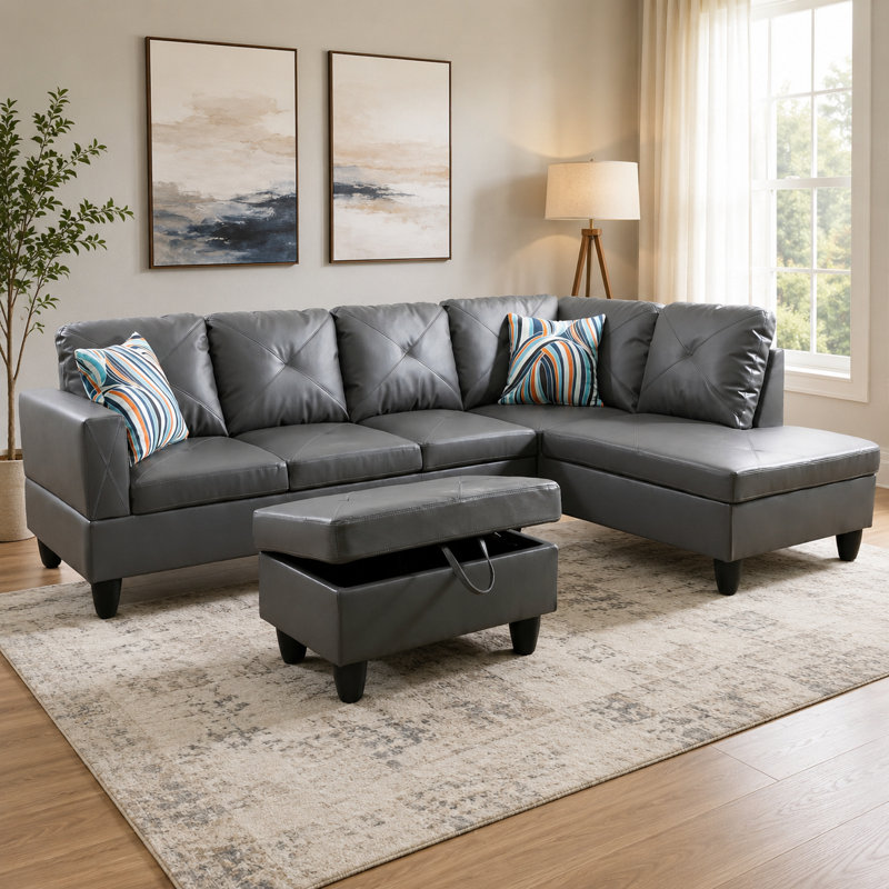 Dark Grey Faux Leather 3-Piece Sectional Sofa Set with Chaise and Storage Ottoman, Gray Faux Leather