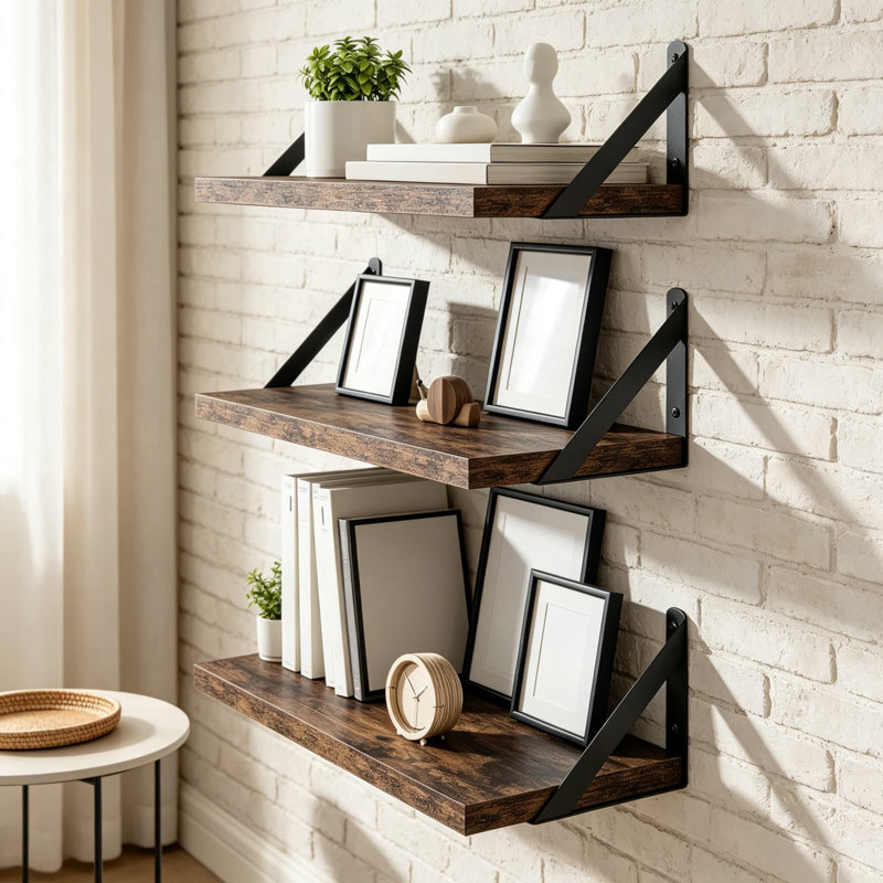 Tablettes flottantes pour mur avec supports en métal robustes, bibliothèque murale en bois rustique, tablette polyvalente pour salon, chambre à coucher, cuisine, salle de bain, bureau à domicile