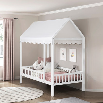 White Finish Twin Platform Bed Canopy Fabric Shed Cover Wooden Modern Bedroom Furniture 1pc