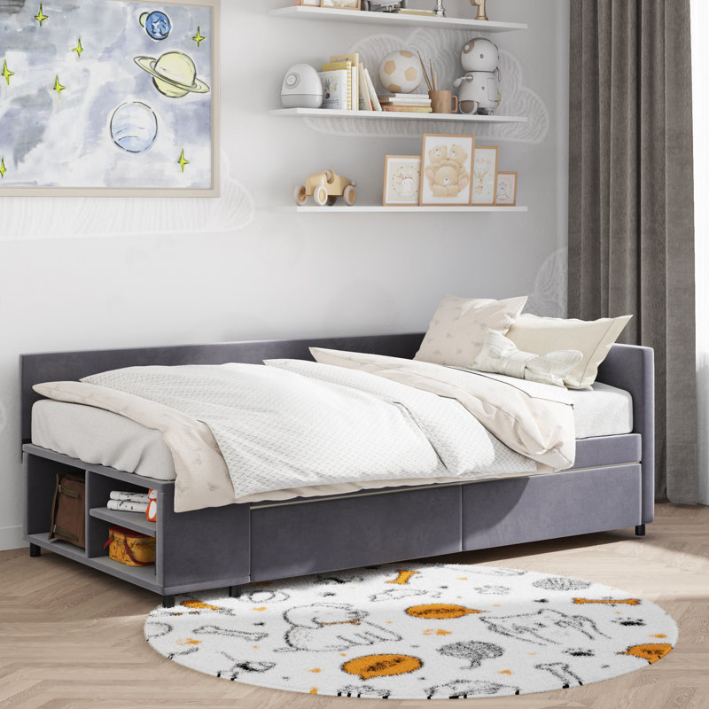 Twin size L-Shaped Upholstered Platform Bed with Storage and Drawers, Gray