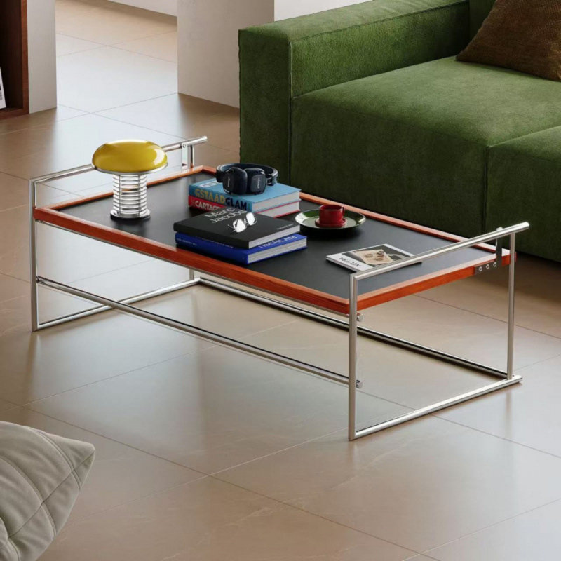 Table basse rectangulaire en métal et en bois avec structure ouverte, centre de table minimaliste moderne pour le salon et le bureau personnel