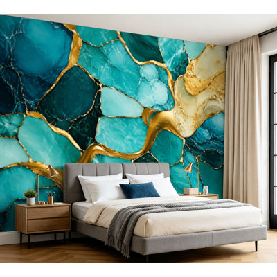 Papier peint adhésif à peler et coller Mosaïque de pierre turquoise abstraite marbrée dorée, veines incrustées, lignes, papier auto-adhésif amovible, décoration murale pour salon Chambre à coucher H 100 po x l 144 po