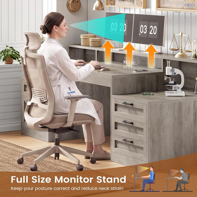 Rachmiel Computer Desk with Power Outlet, Grey