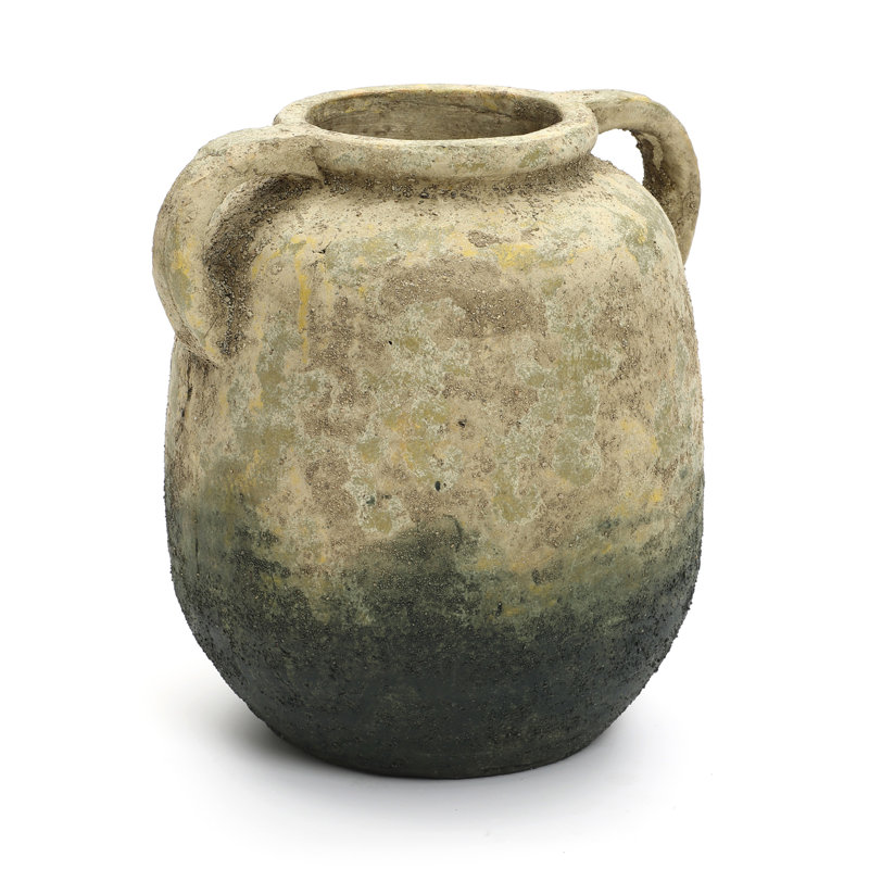 Rustic Brown with Green Bottom 9.8-Inch Tall Round Terracotta Vase w/ Handles
