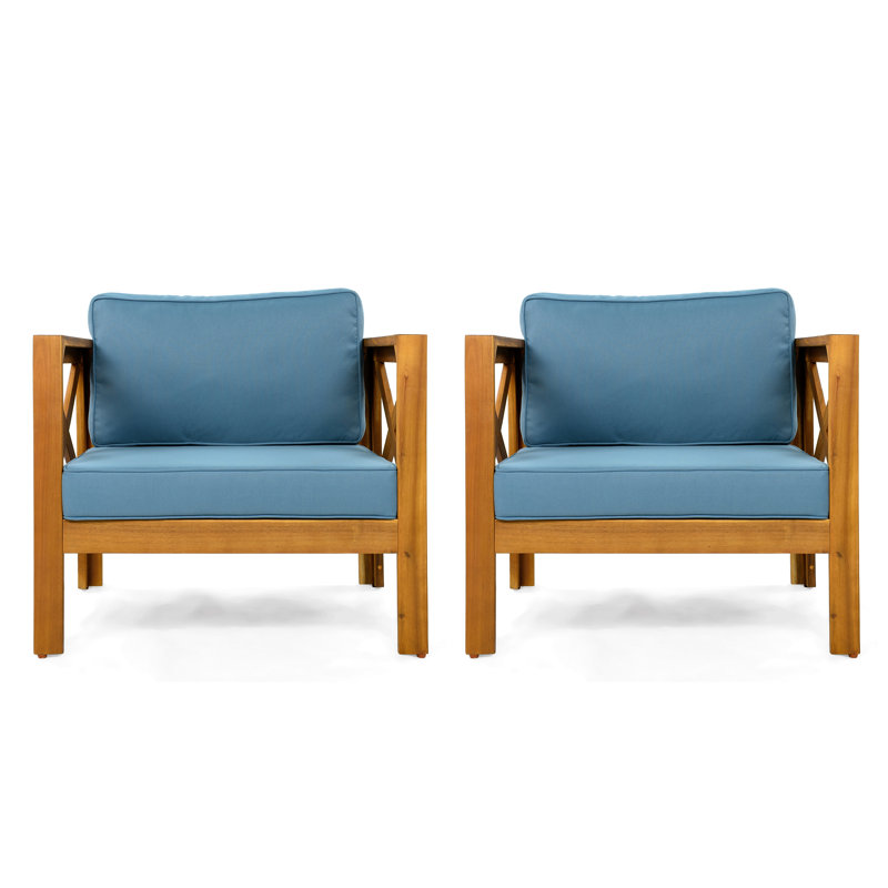 Outdoor Acacia Wood Club Wooden Armchair With Cushions (Set Of 2), Conversation Set,Teak Finish, Cushion, Blue, 2