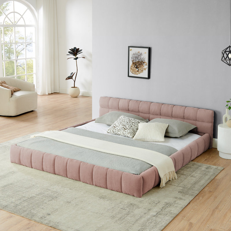 King Size  Upholstered Bed Frame With Thick Fabric, Chenille Fabric Grounded Queen Size Platform Bed With Headboard And Solid Frame. No Box Spring Needed-Pink