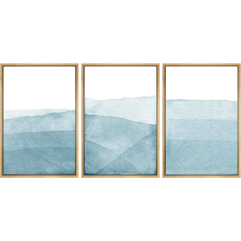 Blue Abstract Landscape Canvas Print Set with Natural Frames