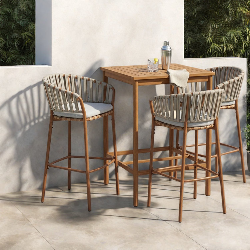 Ensemble de bar de patio en métal durable, finition teck et style moderne pour l'extérieur